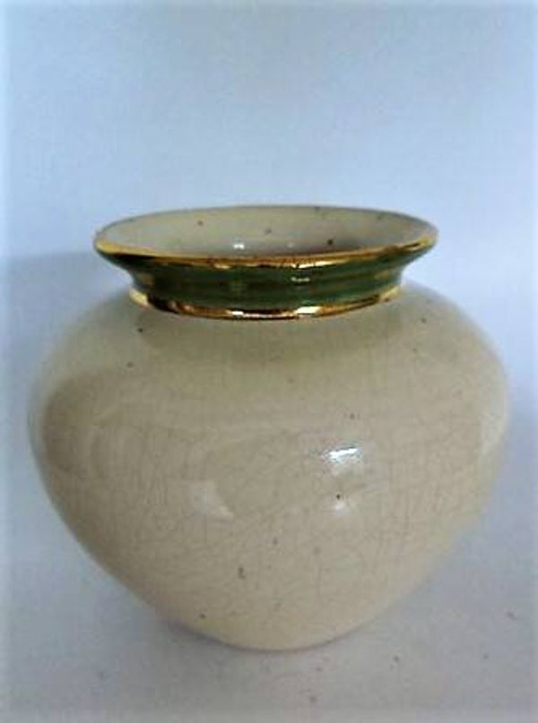 Vintage Art Deco Bolvaas – Crème Craquelé met Goud-Groene Rand