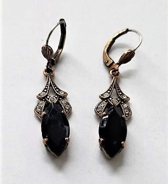 Vintage Art Deco stijl oorbellen met zwarte Marquise steen & Strass
