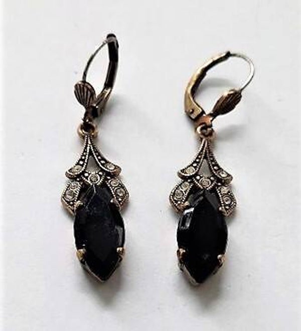 Vintage Art Deco stijl oorbellen met zwarte Marquise steen & Strass
