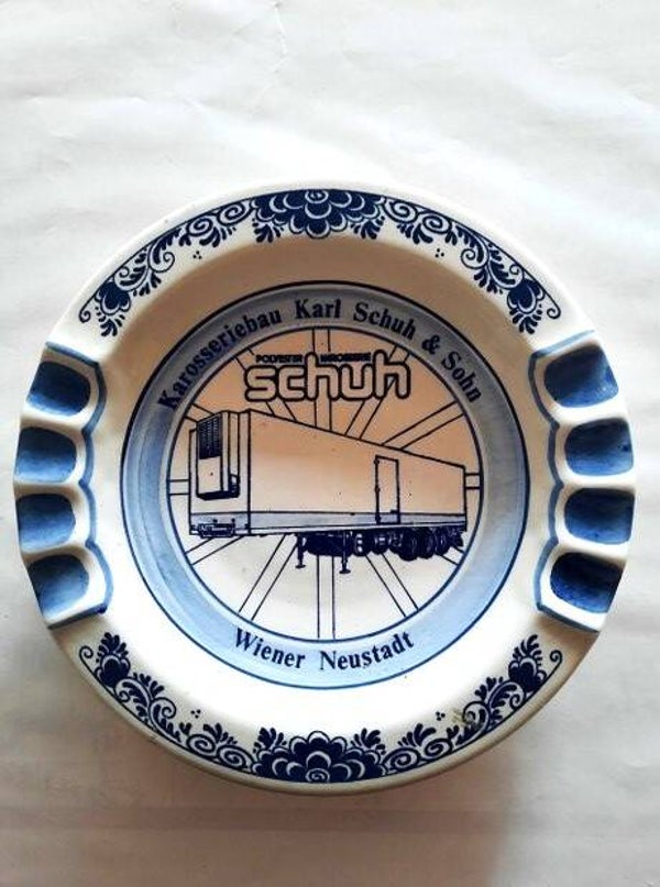 Vintage Delfts Blauwe Reclame-asbak – Schuh Karosseriebau