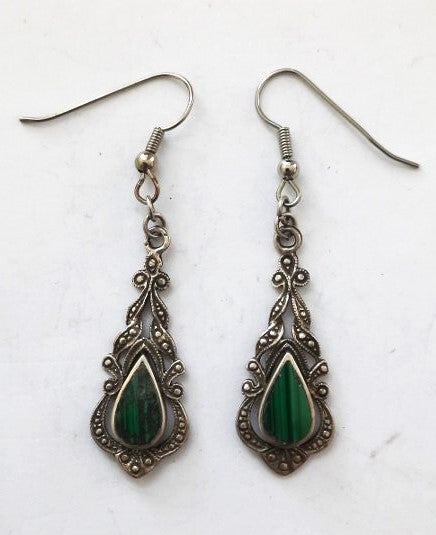 Vintage filigraan zilveren oorbellen met malachiet 925