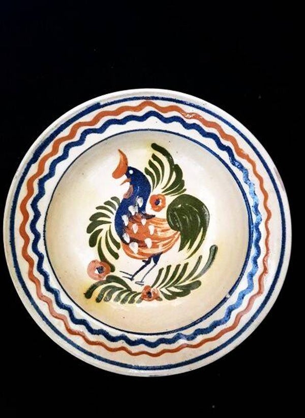 Vintage Hongaars aardewerk wandbord met haan (1)