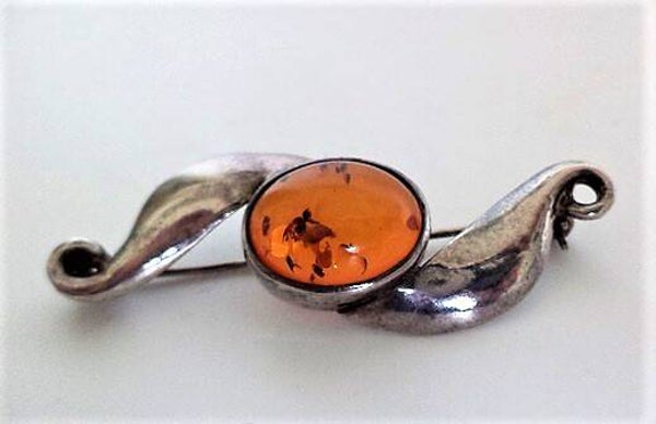 Vintage zilveren Modernistische broche met barnsteen, 925
