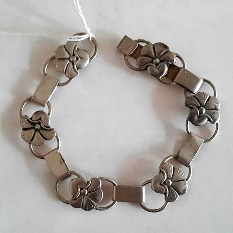 Vintage zilveren Scandinavische schakelarmband met bloemmotief, 830S