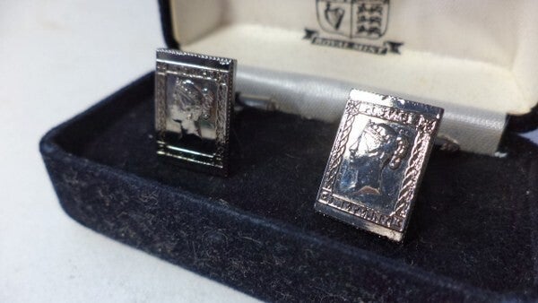 Zilveren manchetknopen One Penny Postzegel in etui