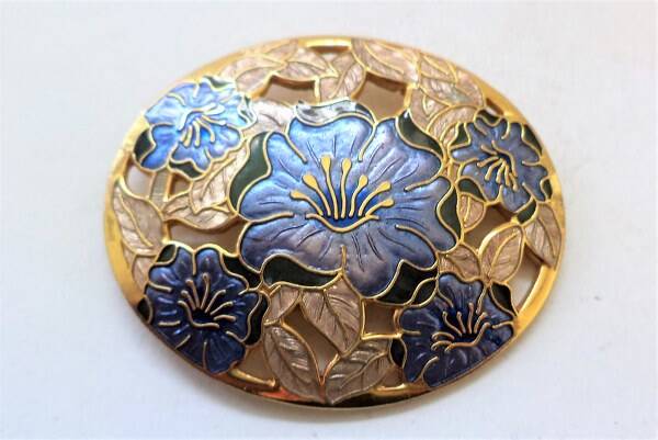 FISH cloisonné broche Hibiscus purper, lila, 22 kt verguld