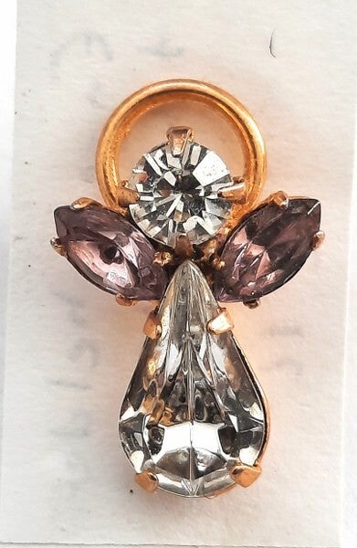Engel, leuke vintage broche, steekbroche met heldere en lila strass