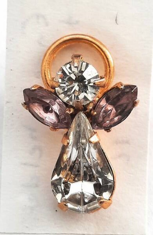 Engel, leuke vintage broche, steekbroche met heldere en lila strass