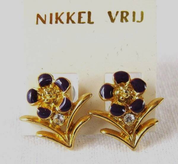 Luxe vergulde oorstekers - Amethist Emaille & Strass (122)