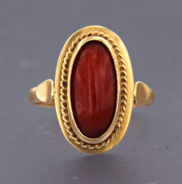 Prachtige 14K gouden ring met donkerrode koraal (19)