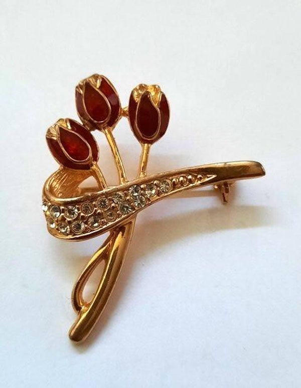 Prachtige broche met 3 rode tulpen (2204-253)