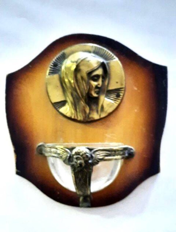 Prachtig Art Deco Wijwaterbakje  Maria, Hout, Koper & Glas (336)