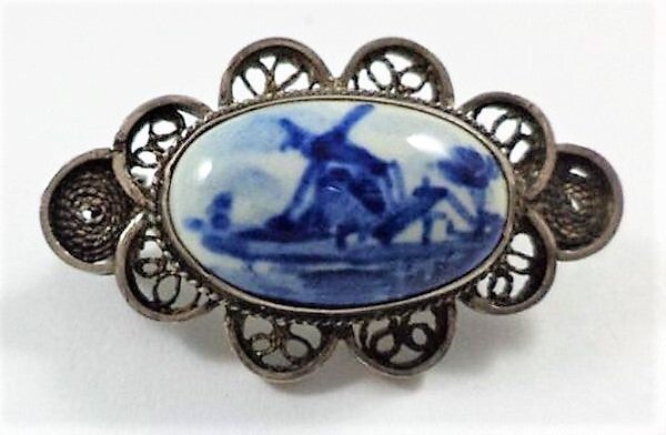 Antieke zilveren Filigraan broche - Delfts Blauw - B. van Tiggelen (7266-3520)