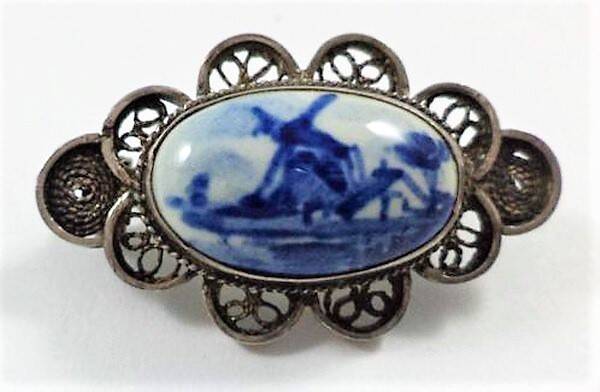 Antieke zilveren Filigraan broche - Delfts Blauw - B. van Tiggelen (7266-3520)