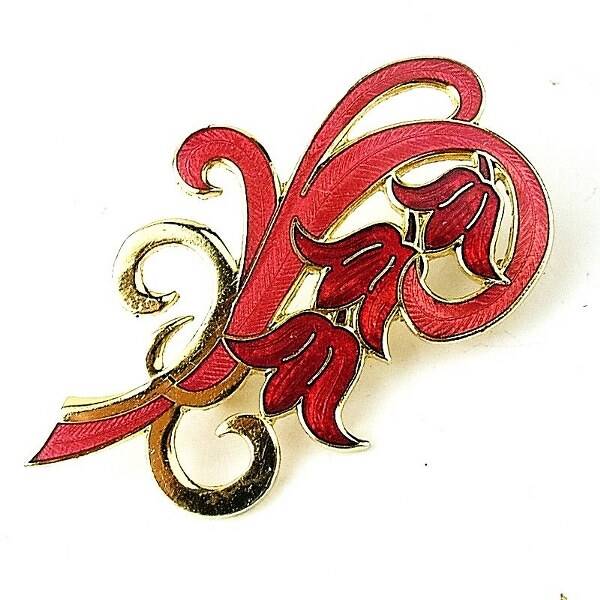 FISH Cloisonné emaille broche klokjesbloem rood, 22 kt (7479-4121)