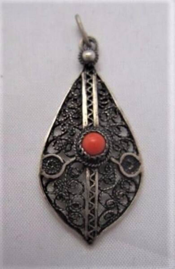Beeldschone antieke filigrain hanger met koraal, 925 (6596-427)