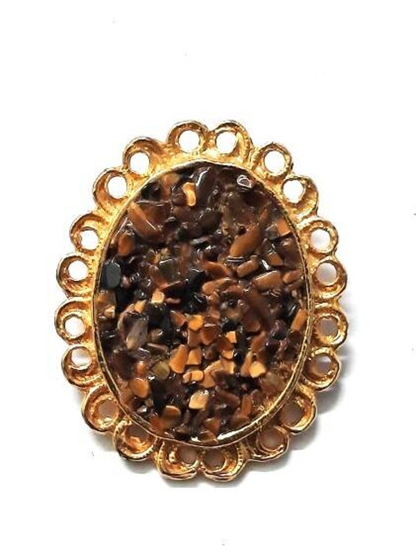Ovale vintage broche met tijgeroog splinters (5227)