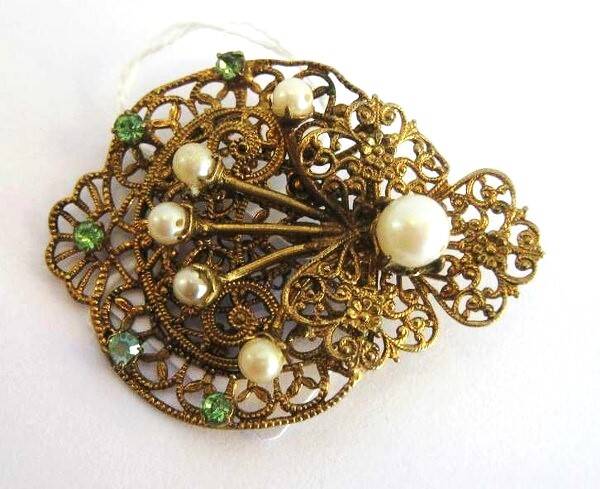 Vintage tsjechische filigrain broche, stenen, parels (5653-1158)