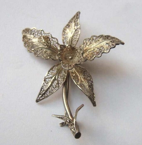 Prachtige antieke zilveren filigrain broche - Orchidee (5653-775)