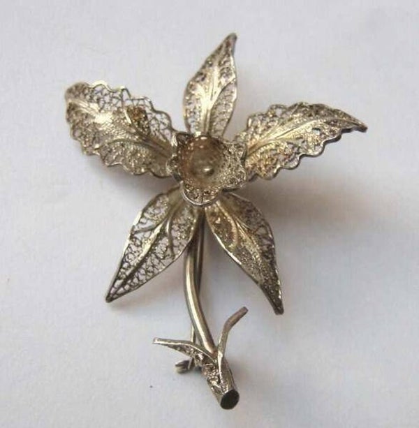 Prachtige antieke zilveren filigrain broche - Orchidee (5653-775)