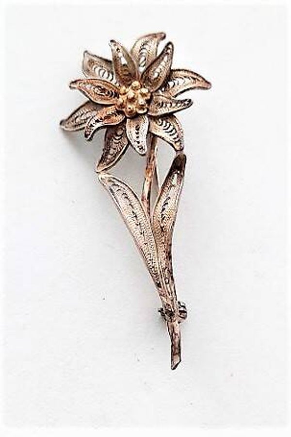 Prachtige antieke zilveren filigrain Edelweiss broche (5684-792)