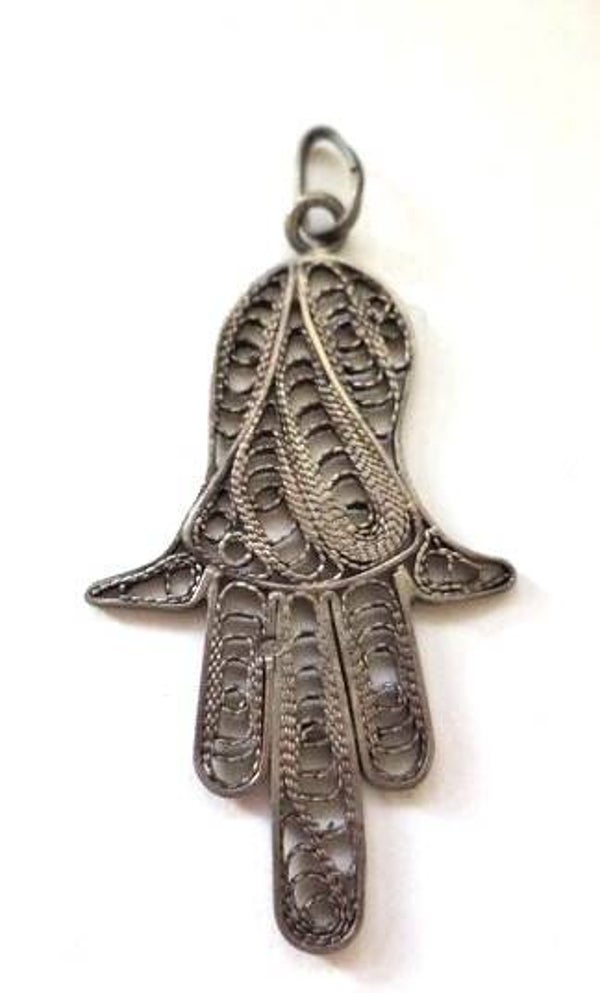 Vintage filigrain zilveren hanger, Hamsa, Hand van Fatima (5789)