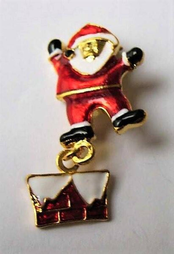 Kerst Broche Kerstman op Schoorsteen  Verguld en Emaille