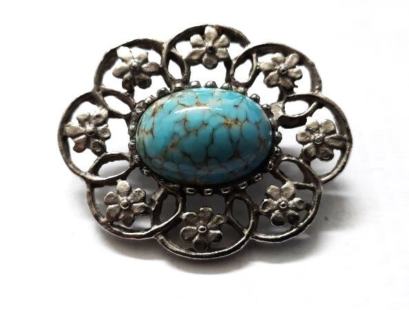 ntieke broche zilverkleurig met Turkoois-Blauwe Cabochon (6260-1633)