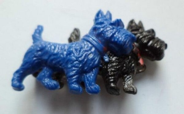 Vintage Scottie Dog broche, jaren 40 - Celluloid Duo Blauw & Zwart (6402)