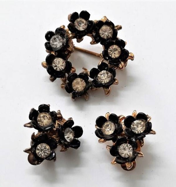 Prachtige Mid-Century Bloemen Sieraden set – Broche en Oorclips (6475-1918)