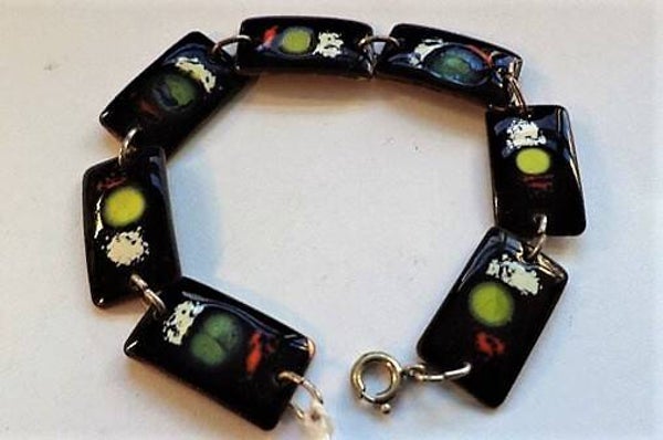 Prachtige vintage koperen Schakelarmband met Zwart Emaille (6517-245)