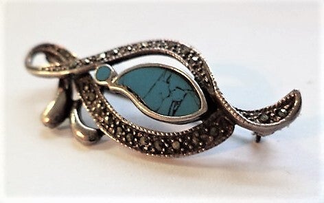 Fraaie vintage zilver broche met turkoois en markasieten (6536-1968)