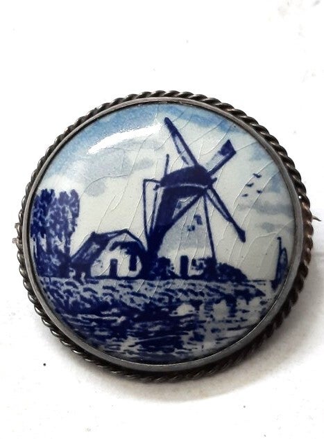 Antieke zilveren broche Delfts Blauw 835 (6589)