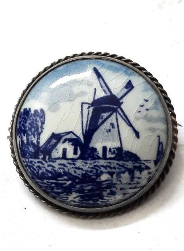Antieke zilveren broche Delfts Blauw 835 (6589)