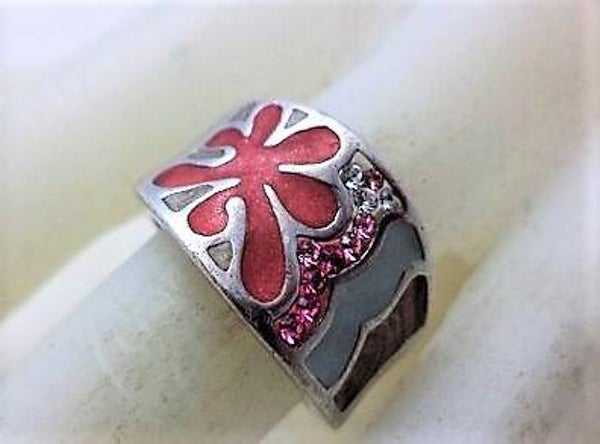 Stevige zware brede zilveren ring met roze emaille S Oliver (6651-1705)