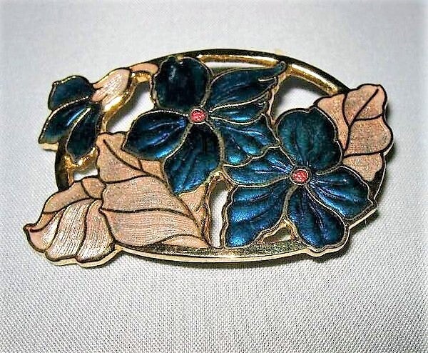 FISH Vintage emaille broche, groenblauwe bloemen, 22 kt (6661-2129)