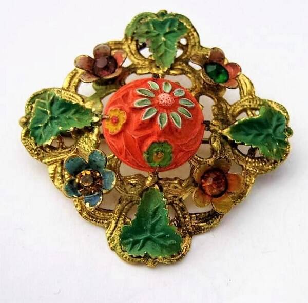 Antieke Tsjechische broche met emaille en strass, verguld (6702-2389)