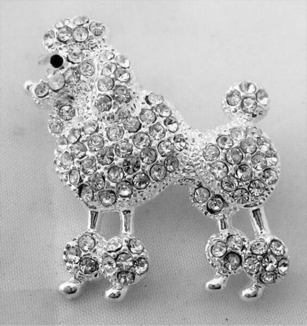 Poedel, broche schitterende strass, zilverkleur (6742)