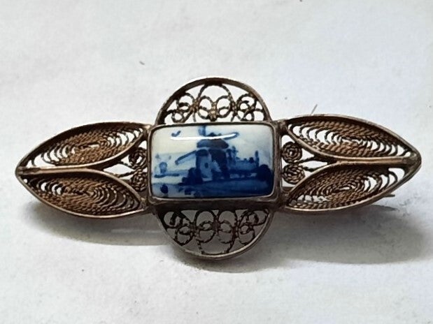 Antieke Delfts blauwe zilver filigrain broche (6802-2380)