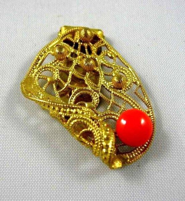 Vintage Tsjechische Kledingclip 24k verguld Rood bolletje (6826-1)