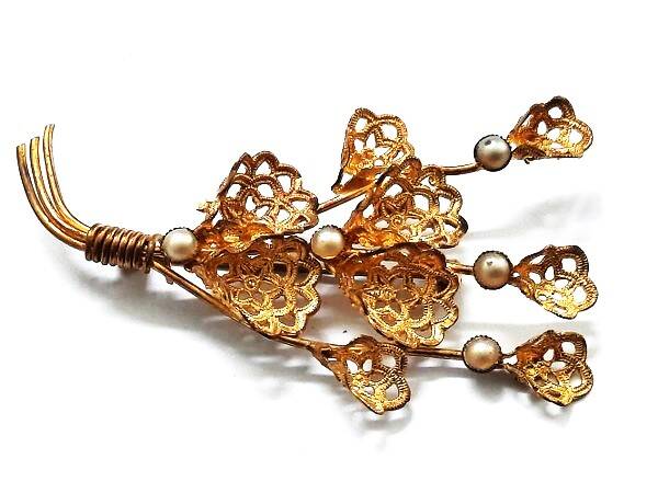 Prachtige vintage filigraan broche Rhinestone Bohemia 24k verguld (6826-2490)