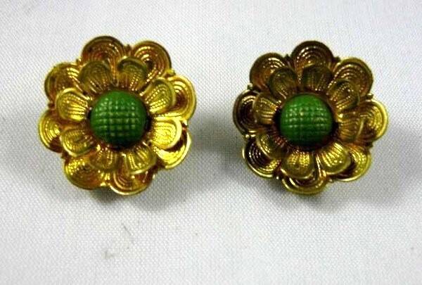 Vintage Bloem oorclips Rhinestone Bohemia Jablonec groen hartje Uniek! (6826-831)