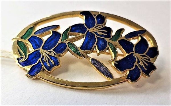 FISH Vintage cloisonné broche Blauwe Iris. 22kt verguld (6482-2498)