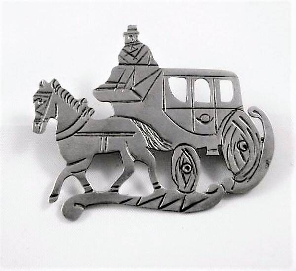 Antieke 800 zilver broche koets met paard, rijtuig (6898-2654)
