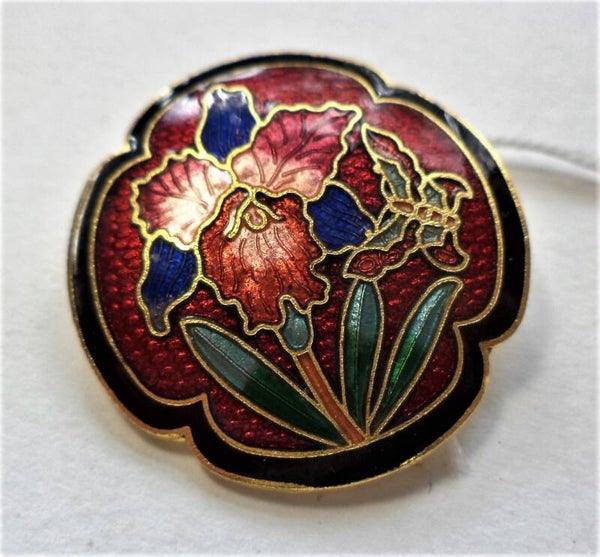 Prachtige vintage cloisonné broche, Iris & Vlinder (6946-2811)