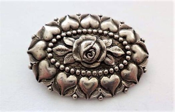 Prachtige antieke zilveren broche roos en harjes 800 (7109-1870)