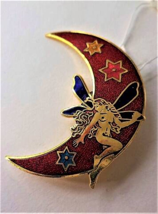 Fish Vintage broche rode emaille halve Maan met Elfje (7129-3336)
