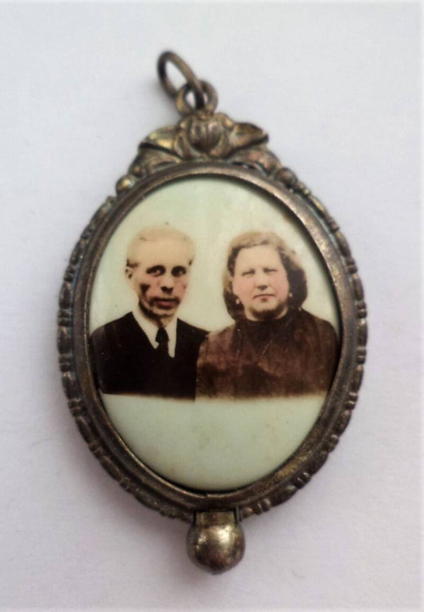 Antiek verzilverd medaillon fotohanger – Dubbelzijdig – Art Deco (614-4)