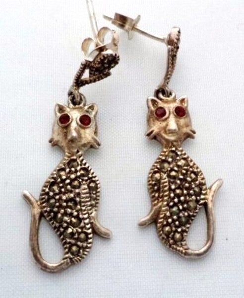 Grappige vintage zilver oorbellen kat poes met markasieten (7140-936)