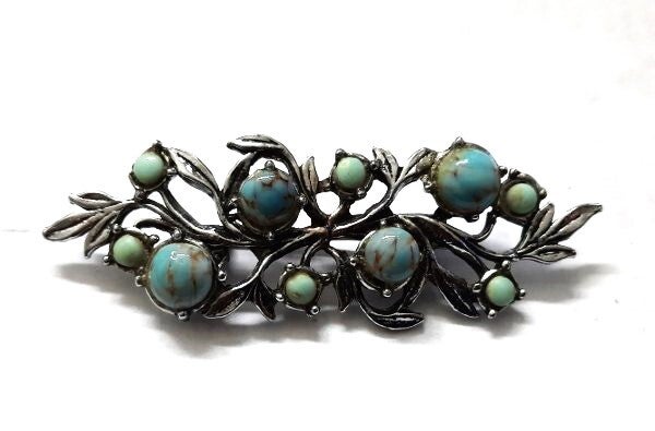 Prachtige 40s broche Blaadjesmotief met Turquoise stenen (7161-3684)